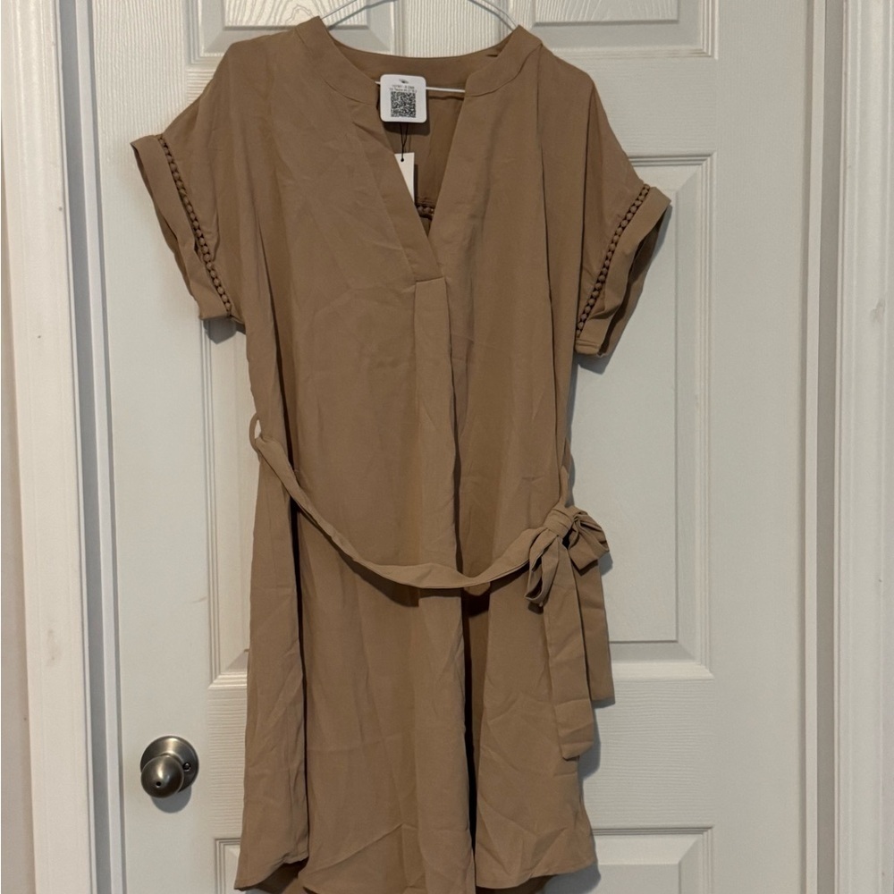 New Womens Plus Size Brown Tie Belt Tan Dress 3XL Short Sleeve Pockets Zenobia